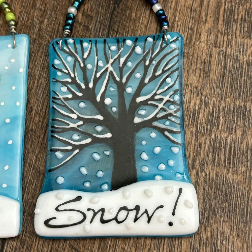 Handmade Fused Glass Winter Snowman and Tree Ornaments Suncatchers Set of 2 Blue